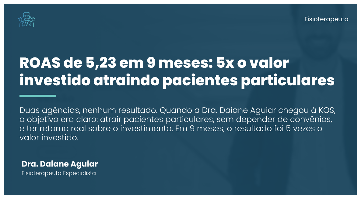 Especializada em fisioterapia, pilates, RPG e acupuntura, a Dra. Daiane Aguiar sempre priorizou um atendimento particular de qualidade, e recusou o caminho fácil dos convênios. O que faltava era uma estratégia digital capaz de entregar pacientes particulares na mesma proporção da excelência que ela já oferecia.